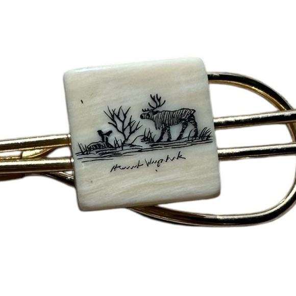 Vintage Alaskan Carved Gold and Cream Tie/Scarf Clip with Elk wildlife scene main image 5